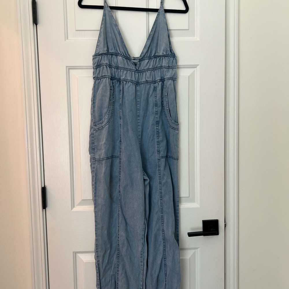 Light Blue Chambray Wide-Leg Jumpsuit